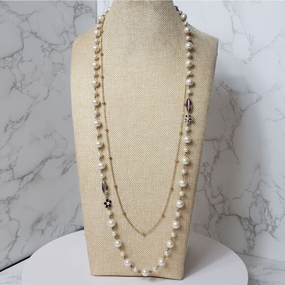 LONG Multi-strand Necklace Faux Pearls Florals Goldtone Chain - Picture 1 of 10